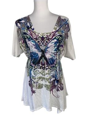 Y2K Closet Full Butterfly Rhinestone Top Boho Graphic Tee Medium Festival Fairy